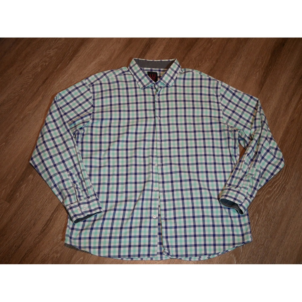 Linea Uomo Stretch Mens 4X Button Down Shirt Green Navy‎ Blue Plaid Long Sleeve